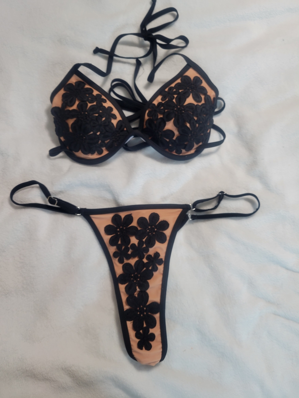 Black Floral Appliqué Bikini Set on Nude Mesh Size L
